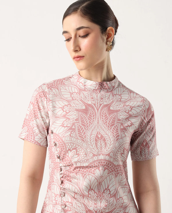 Rareism Women's Xem Light Multi Satin Fabric High Neck Zipper Closure Half Sleeve Paisley Print Straight Fit Midi Dress