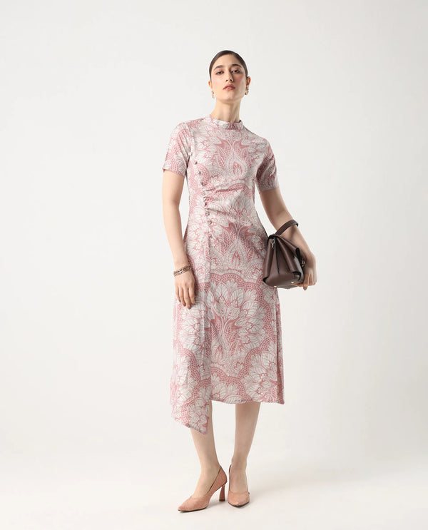Rareism Women's Xem Light Multi Satin Fabric High Neck Zipper Closure Half Sleeve Paisley Print Straight Fit Midi Dress