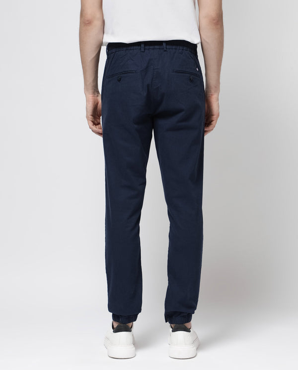 Rare Rabbit Mens Zade Navy Cotton Fabric Hem With Zipper Regular Fit Solid Trouser