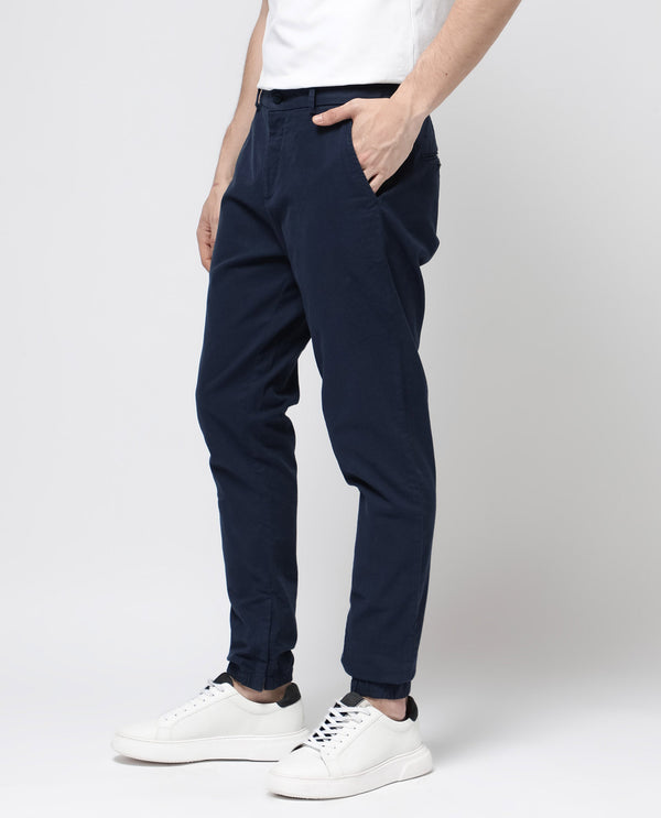 Rare Rabbit Mens Zade Navy Cotton Fabric Hem With Zipper Regular Fit Solid Trouser