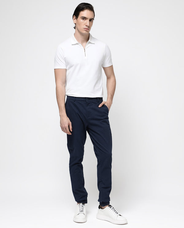 Rare Rabbit Mens Zade Navy Cotton Fabric Hem With Zipper Regular Fit Solid Trouser
