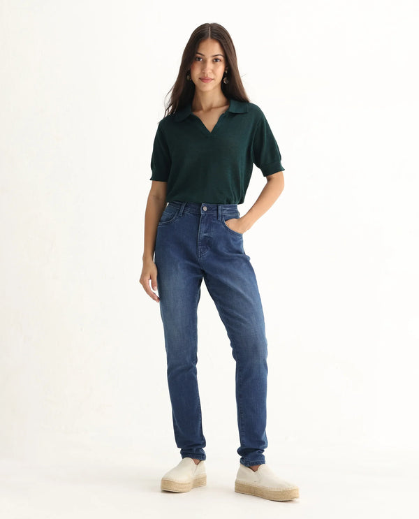 Rareism Women Zaisho Blue Cotton Elastane Fabric Solid Regular Length Jeans