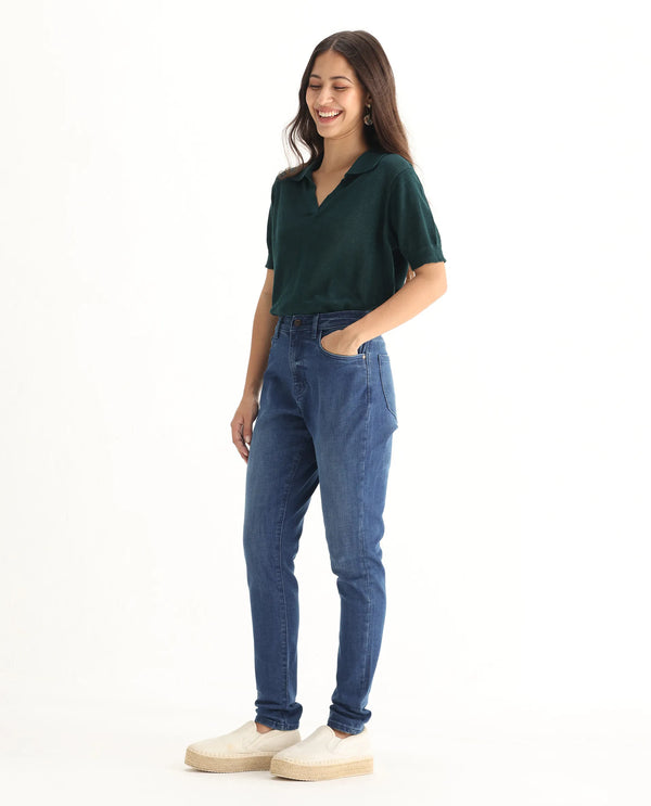 Rareism Women Zaisho Blue Cotton Elastane Fabric Solid Regular Length Jeans