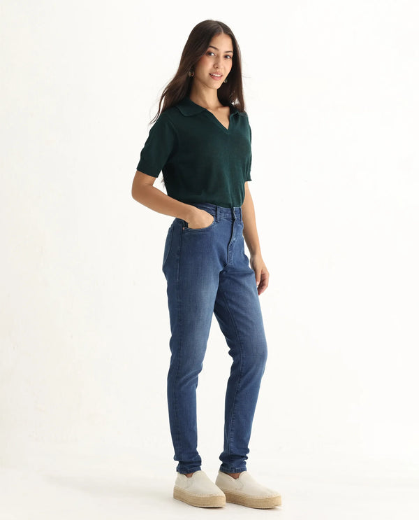 Rareism Women Zaisho Blue Cotton Elastane Fabric Solid Regular Length Jeans