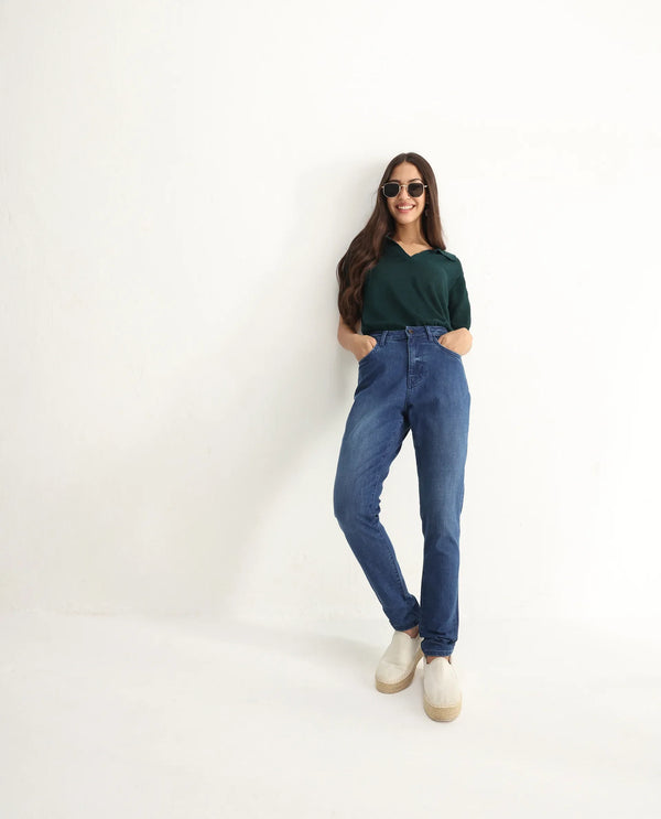 Rareism Women Zaisho Blue Cotton Elastane Fabric Solid Regular Length Jeans