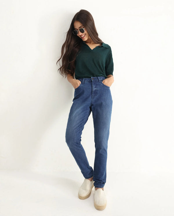 Rareism Women Zaisho Blue Cotton Elastane Fabric Solid Regular Length Jeans