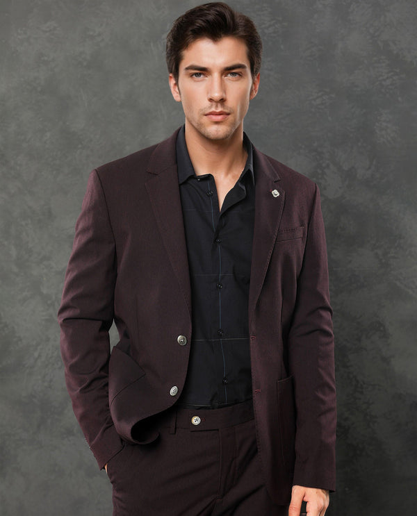 Rare Rabbit Men's Zanza Maroon Polyester Viscose Fabric Notch Lapel Button Closure Single Breasted Textured Suits