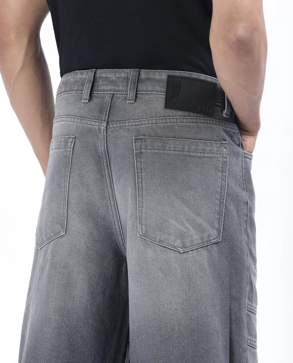Rare Rabbit Men Zeret Dark Grey Cotton Fabric Button And Zip Baggy Loose Fit Plain Jeans