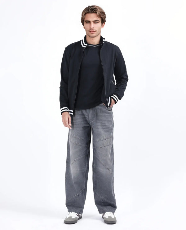 Rare Rabbit Men Zeret Dark Grey Cotton Fabric Button And Zip Baggy Loose Fit Plain Jeans