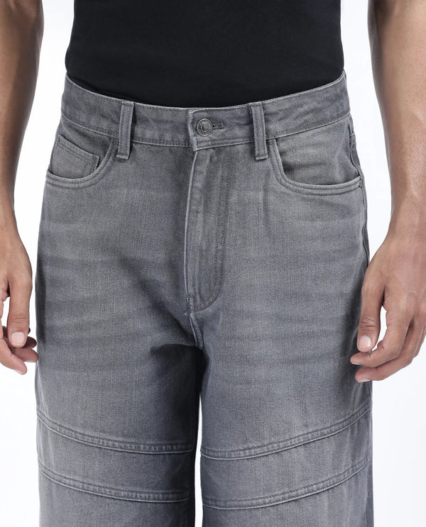Rare Rabbit Men Zeret Dark Grey Cotton Fabric Button And Zip Baggy Loose Fit Plain Jeans