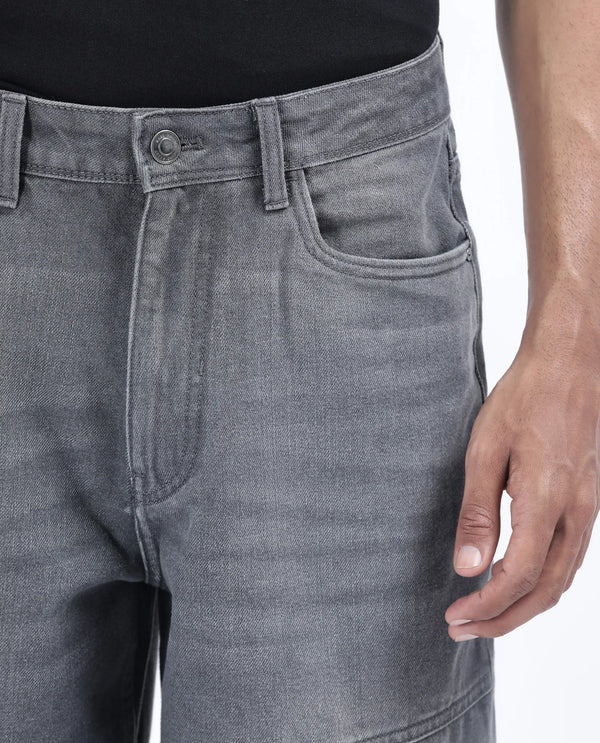 Rare Rabbit Men Zeret Dark Grey Cotton Fabric Button And Zip Baggy Loose Fit Plain Jeans