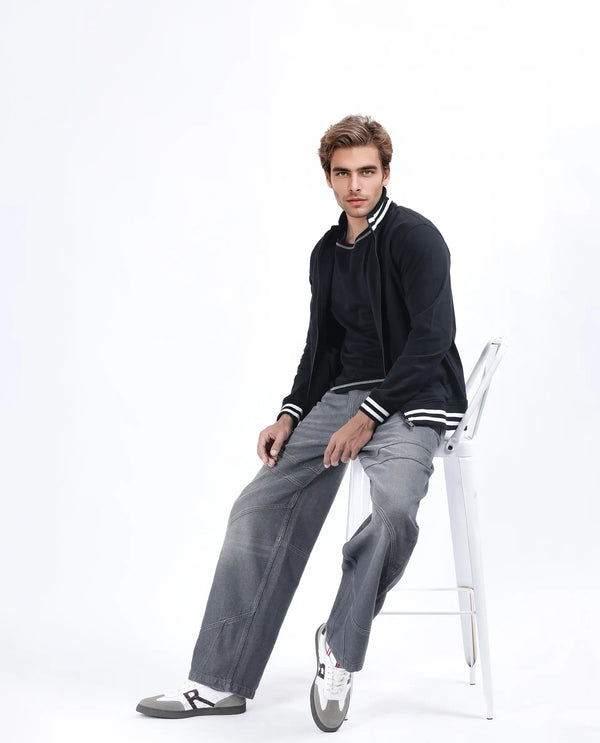 Rare Rabbit Men Zeret Dark Grey Cotton Fabric Button And Zip Baggy Loose Fit Plain Jeans