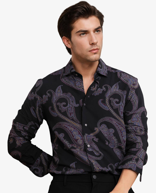Rare Rabbit Men's Zeus Black Viscose Fabric Full Sleeves Paisley Print Shirt