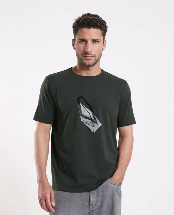 Rare Rabbit Men's Zima Dark Olive Cotton Blend Fabric Half Sleeve Crew Neck Graphic Print T-Shirt