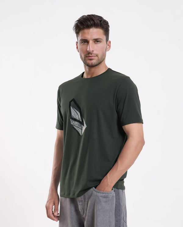 Rare Rabbit Men's Zima Dark Olive Cotton Blend Fabric Half Sleeve Crew Neck Graphic Print T-Shirt