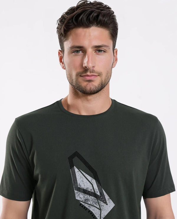Rare Rabbit Men's Zima Dark Olive Cotton Blend Fabric Half Sleeve Crew Neck Graphic Print T-Shirt