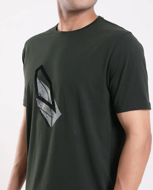 Rare Rabbit Men's Zima Dark Olive Cotton Blend Fabric Half Sleeve Crew Neck Graphic Print T-Shirt