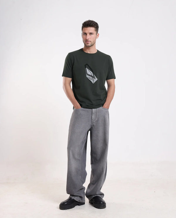 Rare Rabbit Men's Zima Dark Olive Cotton Blend Fabric Half Sleeve Crew Neck Graphic Print T-Shirt