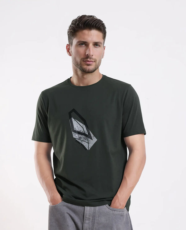 Rare Rabbit Men's Zima Dark Olive Cotton Blend Fabric Half Sleeve Crew Neck Graphic Print T-Shirt