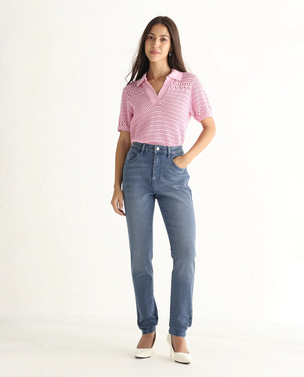 Rareism Women Zinga Blue Cotton Blend Fabric Plain Jeans