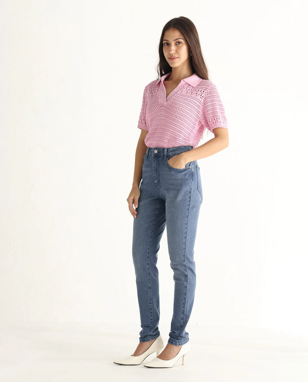 Rareism Women Zinga Blue Cotton Blend Fabric Plain Jeans