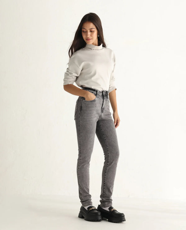Rareism Women Zingal Grey Cotton Polyester Fabric Plain Jeans