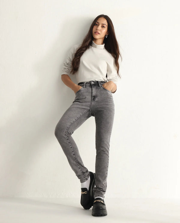 Rareism Women Zingal Grey Cotton Polyester Fabric Plain Jeans