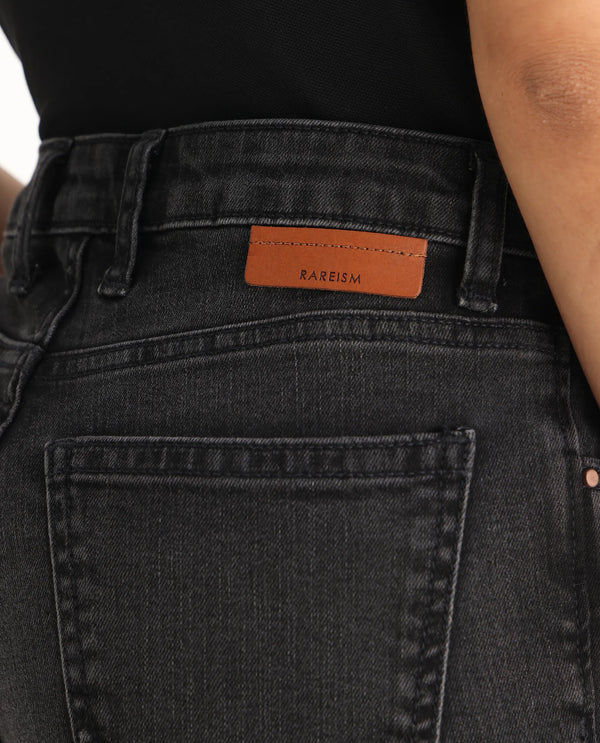 Rareism Women Zingy Black Cotton Blend Fabric Ankle Length Button Closure Plain Jeans
