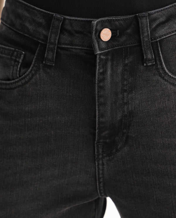 Rareism Women Zingy Black Cotton Blend Fabric Ankle Length Button Closure Plain Jeans