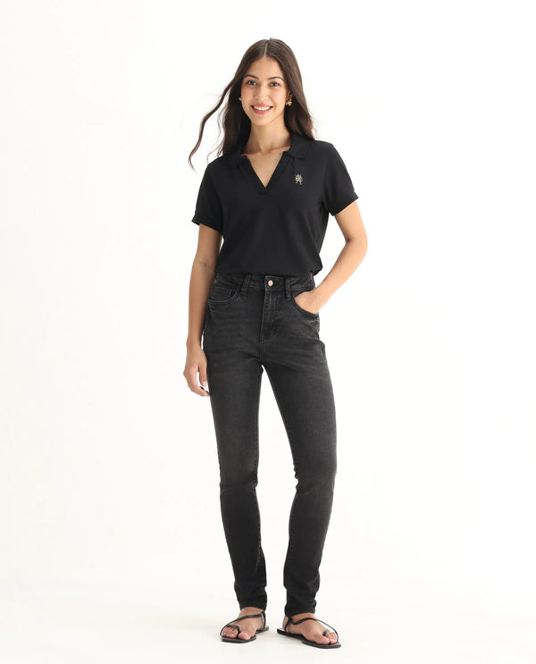 Rareism Women Zingy Black Cotton Blend Fabric Ankle Length Button Closure Plain Jeans