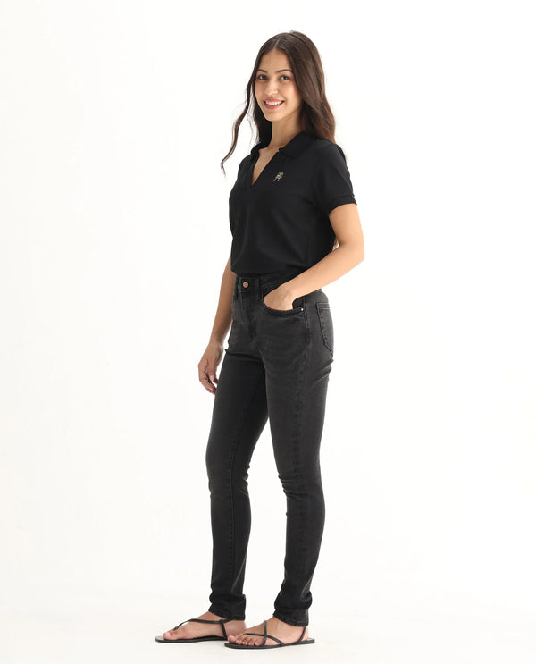 Rareism Women Zingy Black Cotton Blend Fabric Ankle Length Button Closure Plain Jeans
