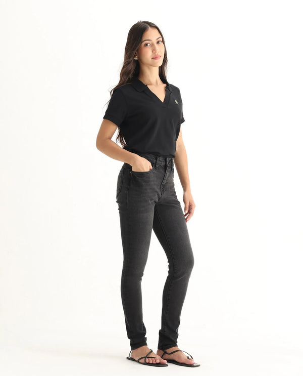 Rareism Women Zingy Black Cotton Blend Fabric Ankle Length Button Closure Plain Jeans