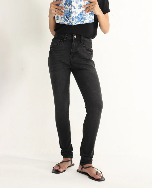 Rareism Women Zingy Black Cotton Blend Fabric Ankle Length Button Closure Plain Jeans