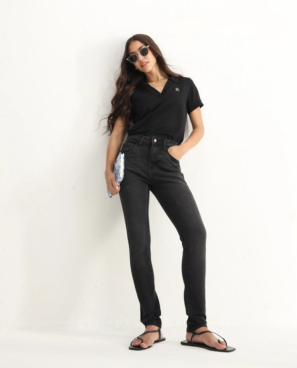 Rareism Women Zingy Black Cotton Blend Fabric Ankle Length Button Closure Plain Jeans