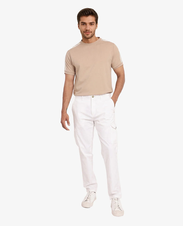 Rare Rabbit Men Zipe White Dobby Stretch Regular Fit Cargo Style Plain Trouser