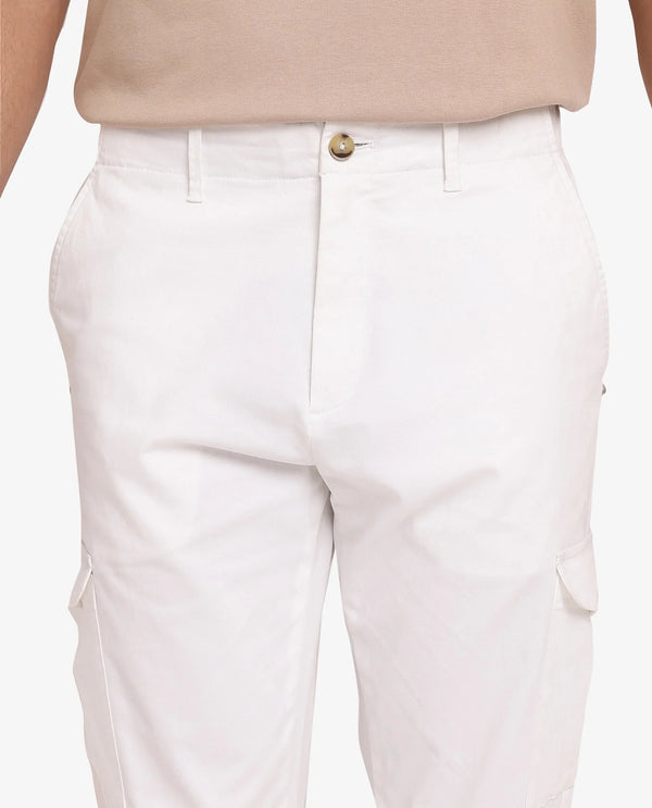 Rare Rabbit Men Zipe White Dobby Stretch Regular Fit Cargo Style Plain Trouser