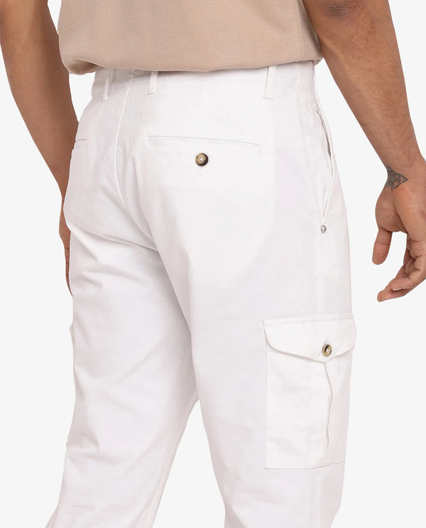Rare Rabbit Men Zipe White Dobby Stretch Regular Fit Cargo Style Plain Trouser
