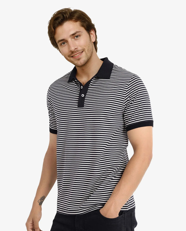 Rare Rabbit Men Zop Navy Cotton Fabric Blend Short Sleeve Button Closure Stripe Knitted Polo T-Shirt
