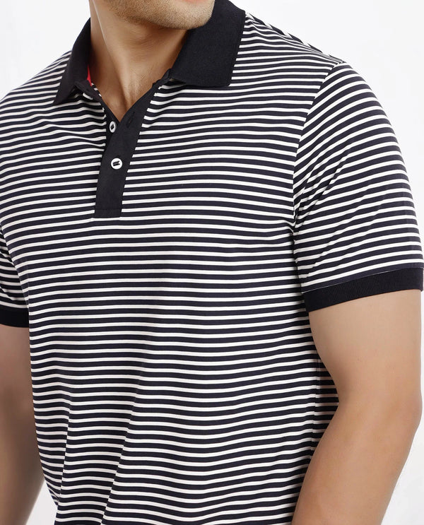 Rare Rabbit Men Zop Navy Cotton Fabric Blend Short Sleeve Button Closure Stripe Knitted Polo T-Shirt