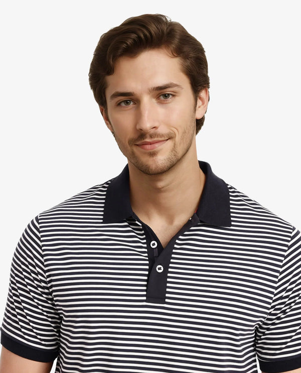 Rare Rabbit Men Zop Navy Cotton Fabric Blend Short Sleeve Button Closure Stripe Knitted Polo T-Shirt
