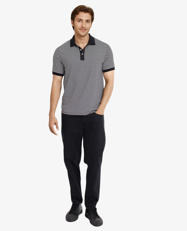 Rare Rabbit Men Zop Navy Cotton Fabric Blend Short Sleeve Button Closure Stripe Knitted Polo T-Shirt