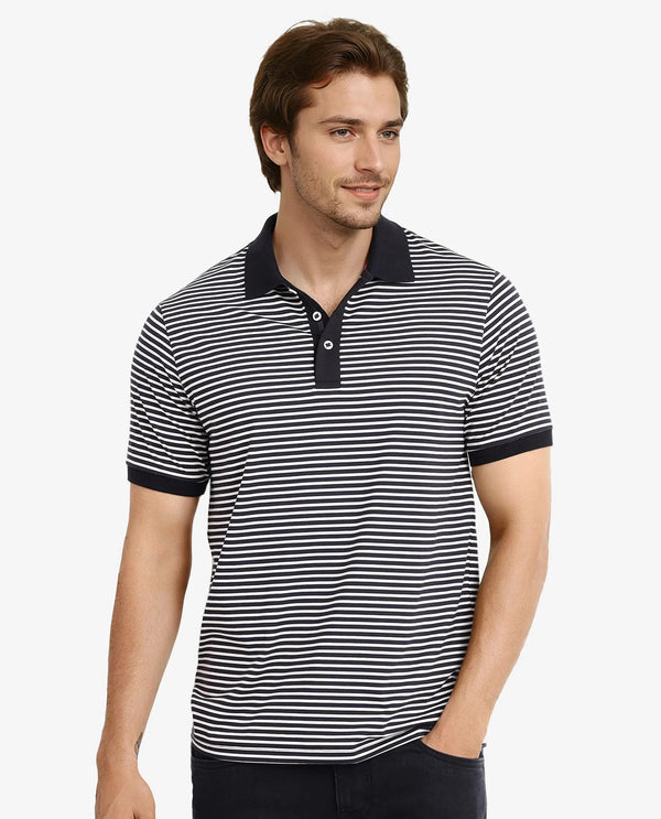 Rare Rabbit Men Zop Navy Cotton Fabric Blend Short Sleeve Button Closure Stripe Knitted Polo T-Shirt