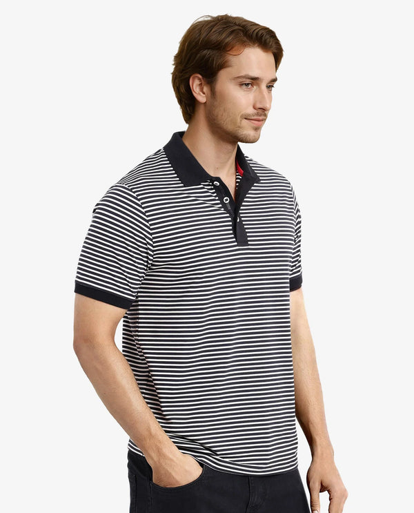 Rare Rabbit Men Zop Navy Cotton Fabric Blend Short Sleeve Button Closure Stripe Knitted Polo T-Shirt