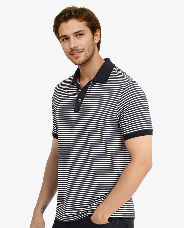 Rare Rabbit Men Zop Navy Cotton Fabric Blend Short Sleeve Button Closure Stripe Knitted Polo T-Shirt