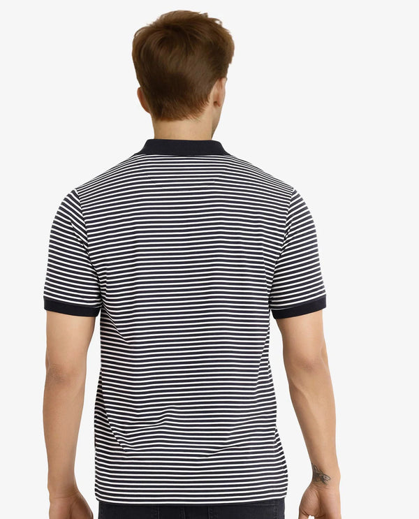 Rare Rabbit Men Zop Navy Cotton Fabric Blend Short Sleeve Button Closure Stripe Knitted Polo T-Shirt